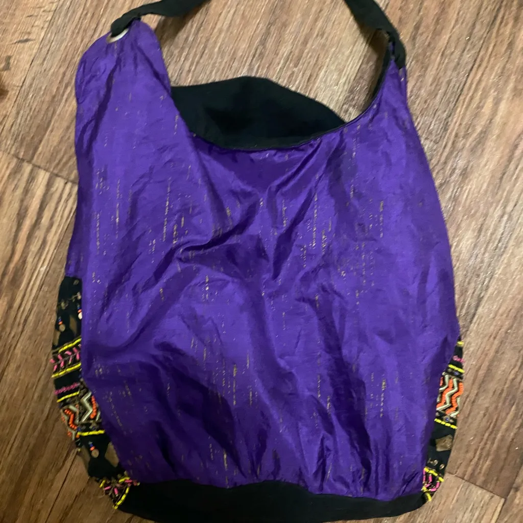 Zingara Shoulder Tote Beach Bag Purple Boho Beaded 15”H X 15”W X 7.5” Deep Black - Image 7