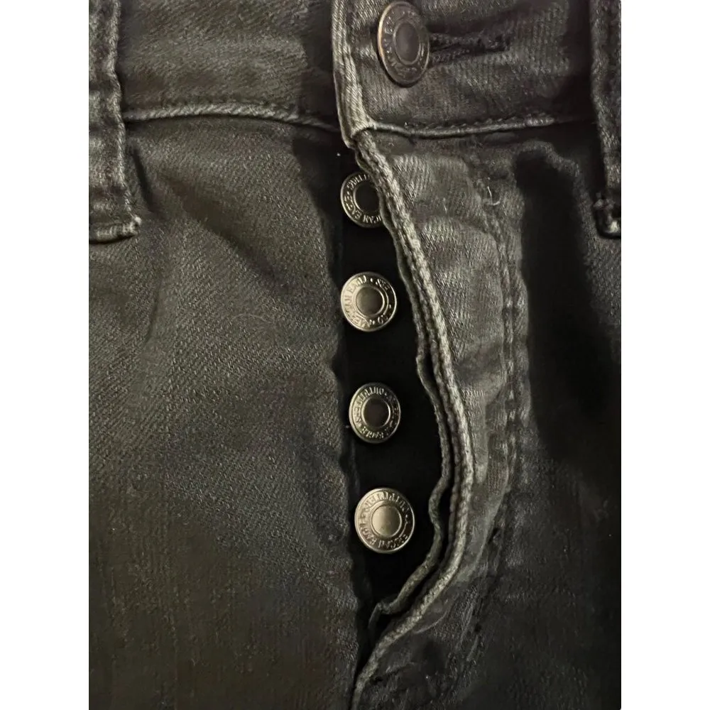 American Eagle Black Denim Mini Skirt Distressed Button Fly Frayed Hem Size 4 - Image 3