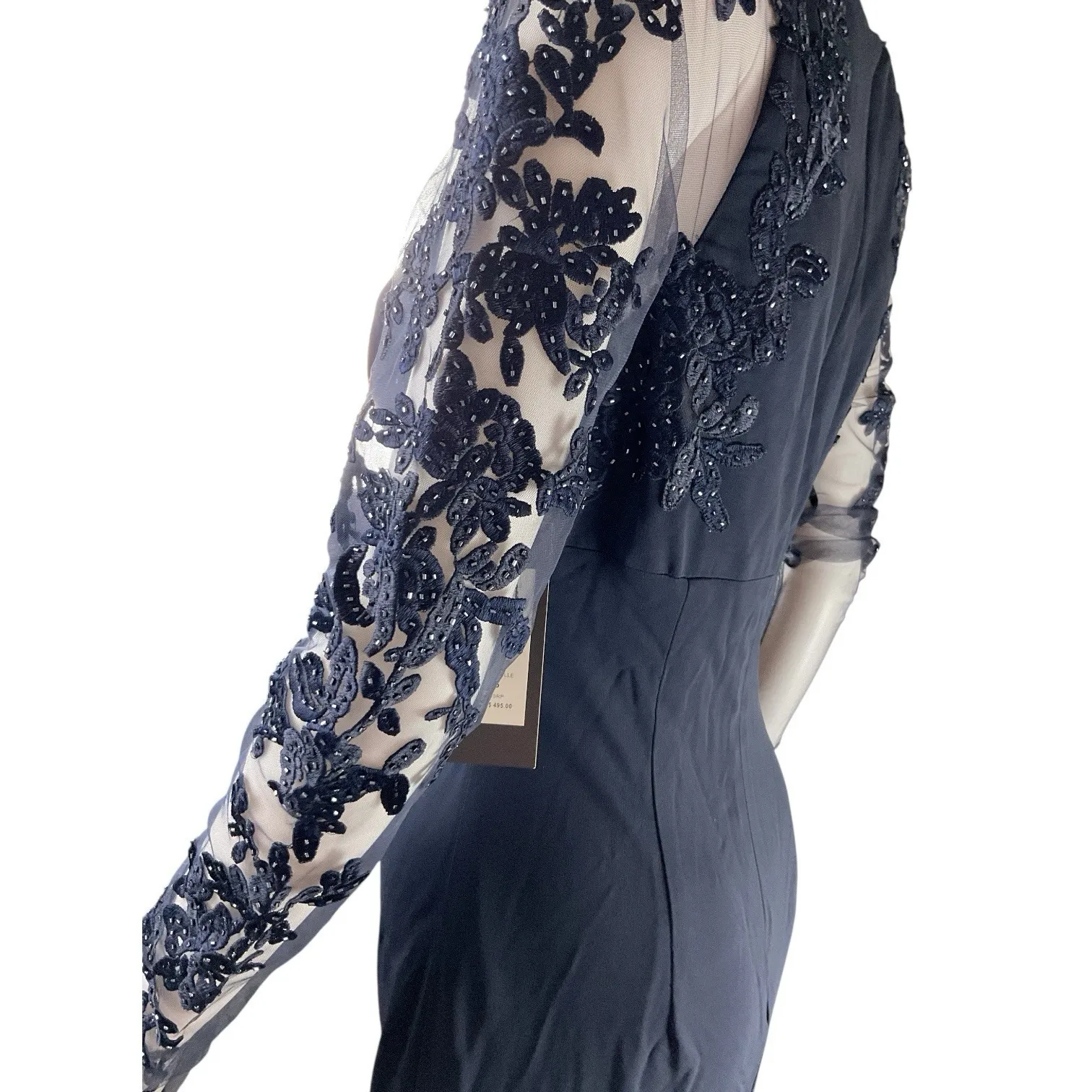 David Meister Navy Blue Beaded Evening Gown W/Sheer Sleeves & Floral‎ Embroidery - Image 4