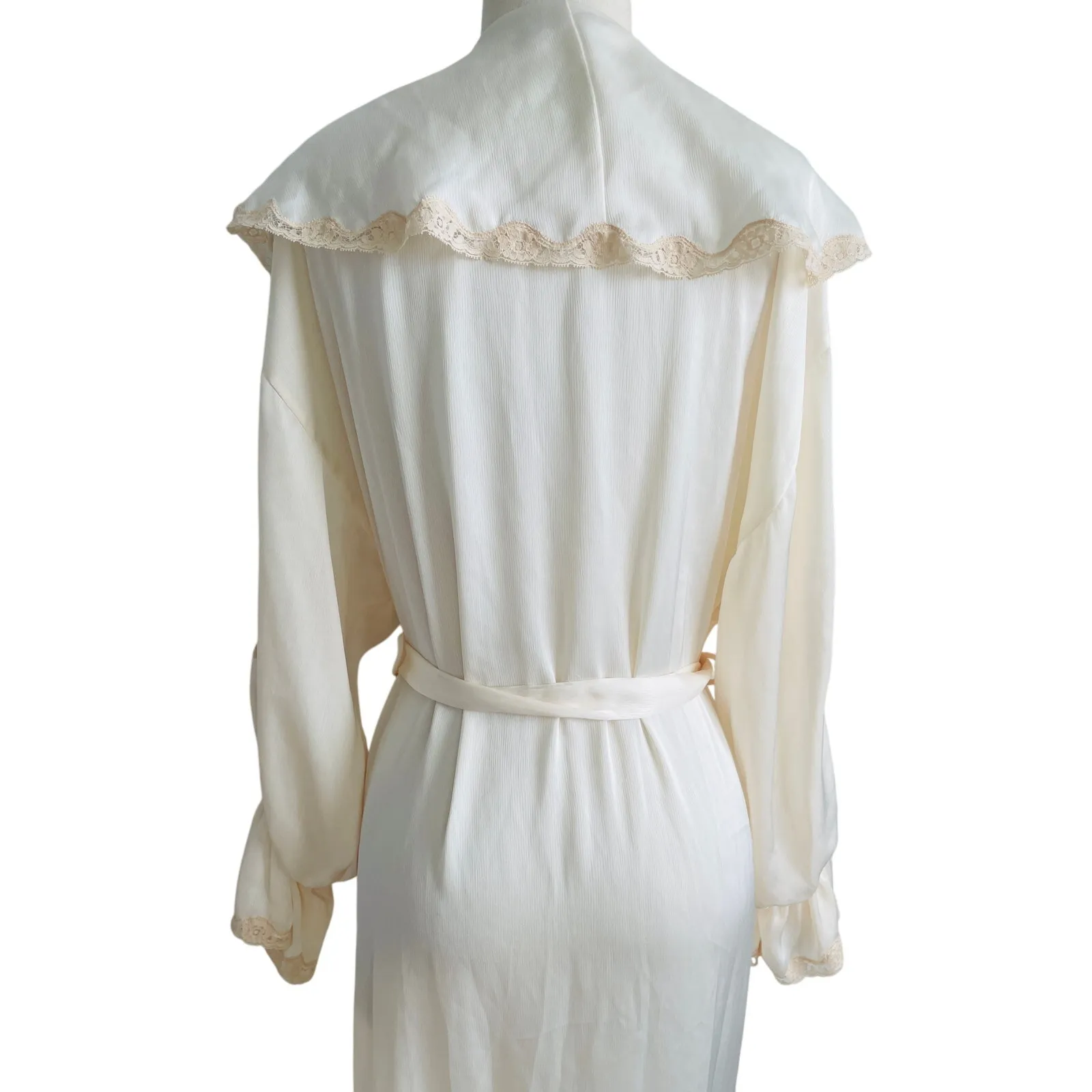 Vintage Etienne Cream Lace Trim Robe Women’s Small Elegant Satin Peignoir Yellow - Image 12