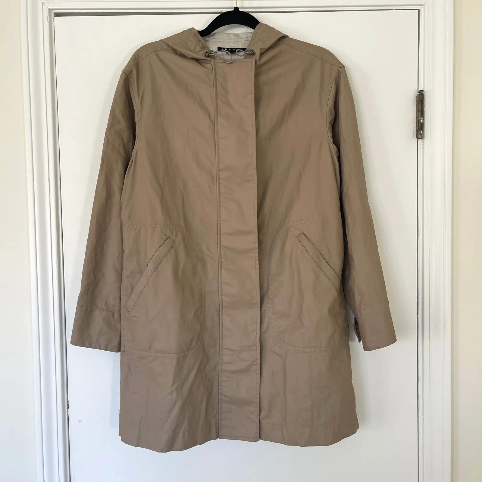 Theory $550 Clotha Monrovia Hooded Trench Coat Beige Drawstring Waist Petite - Image 2