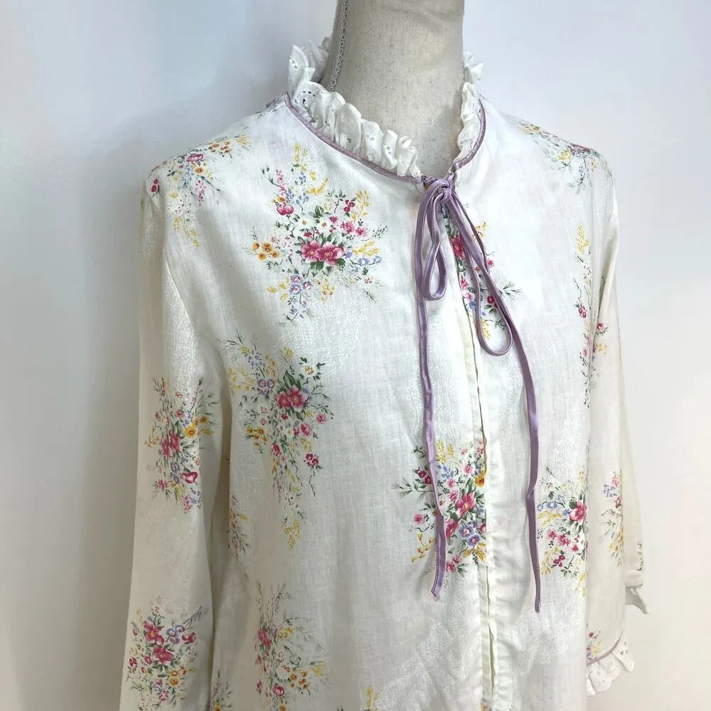 Vintage David Brown Nightgown Floral Printed White House Dress Size M - Image 2