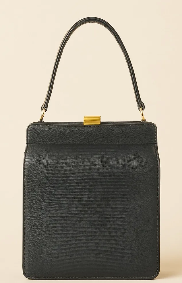 Vintage Black Lizard Embossed Leather Top Handle Frame Bag Gold Hardware 9.5x7 - Image 1