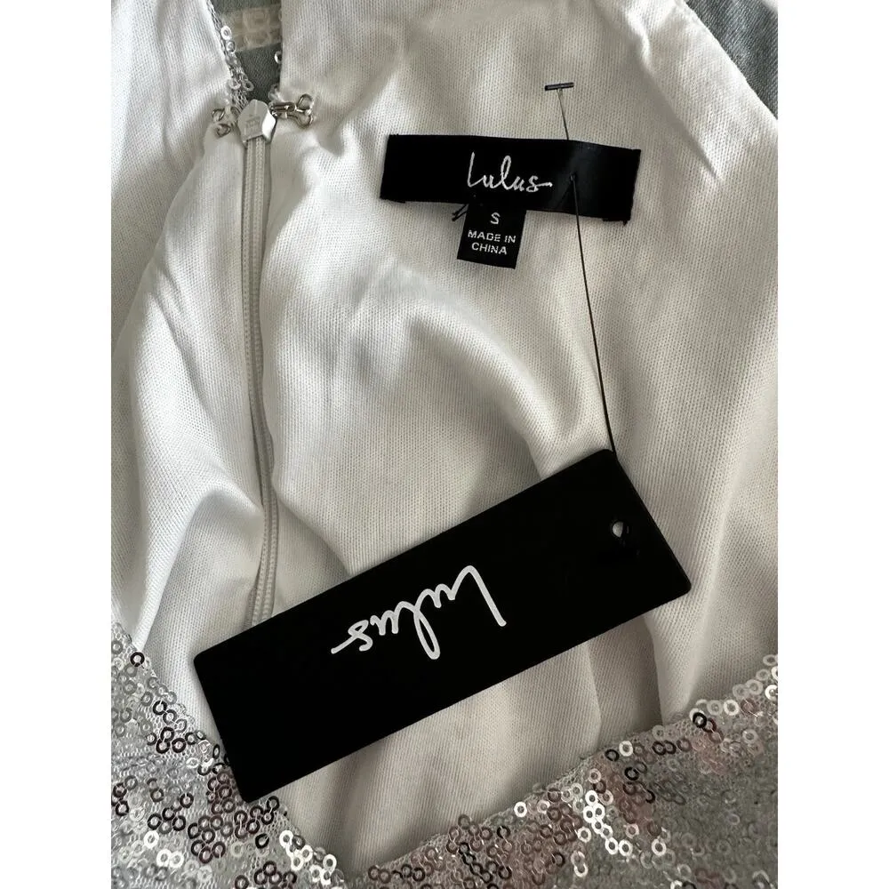 New Lulu's Hilaria Silver Sequin Bodycon Mini Halter Dress Faux Wrap Hem Small - Image 6