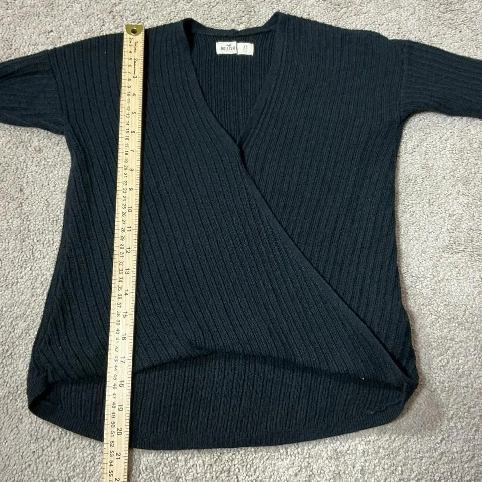 Hollister Black Ribbed Knit Wrap V Neck Long Sleeve Crop Sweater XS - Image 3