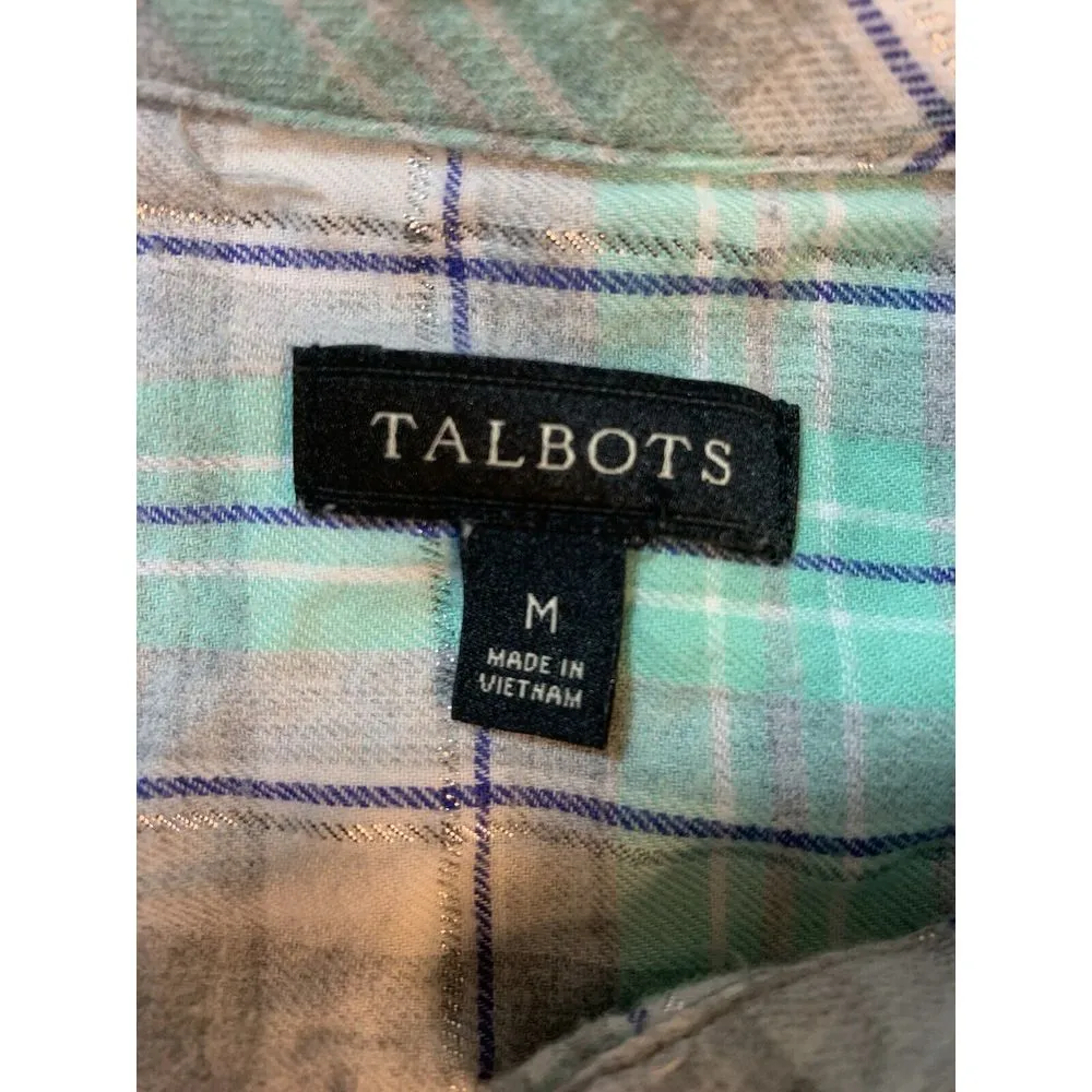 Talbots Shirt Womens Medium Plaid Pastel Metallic Preppy‎ Classic Church Casual - Image 5