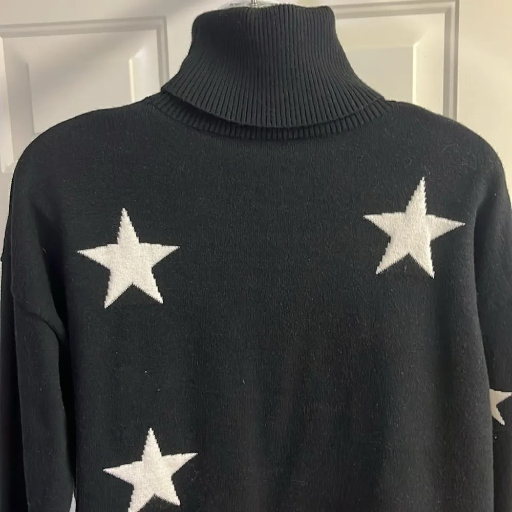 Black w/ Stars Turtleneck Viscose Blend Long Sleeve Sweater w/Side Slits - Image 8