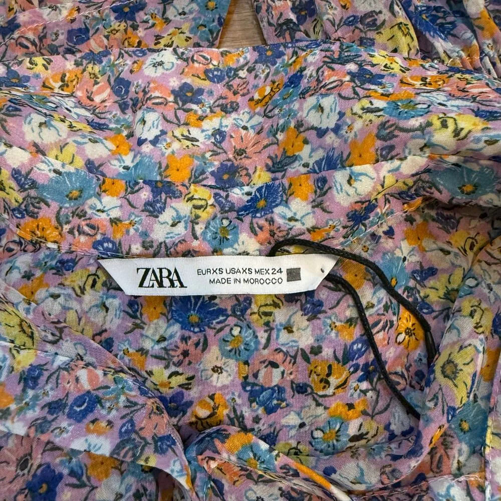 Zara Women’s XS Pink Orange Blue Floral Long Sleeve Button Down Shear Top Spring - Image 6