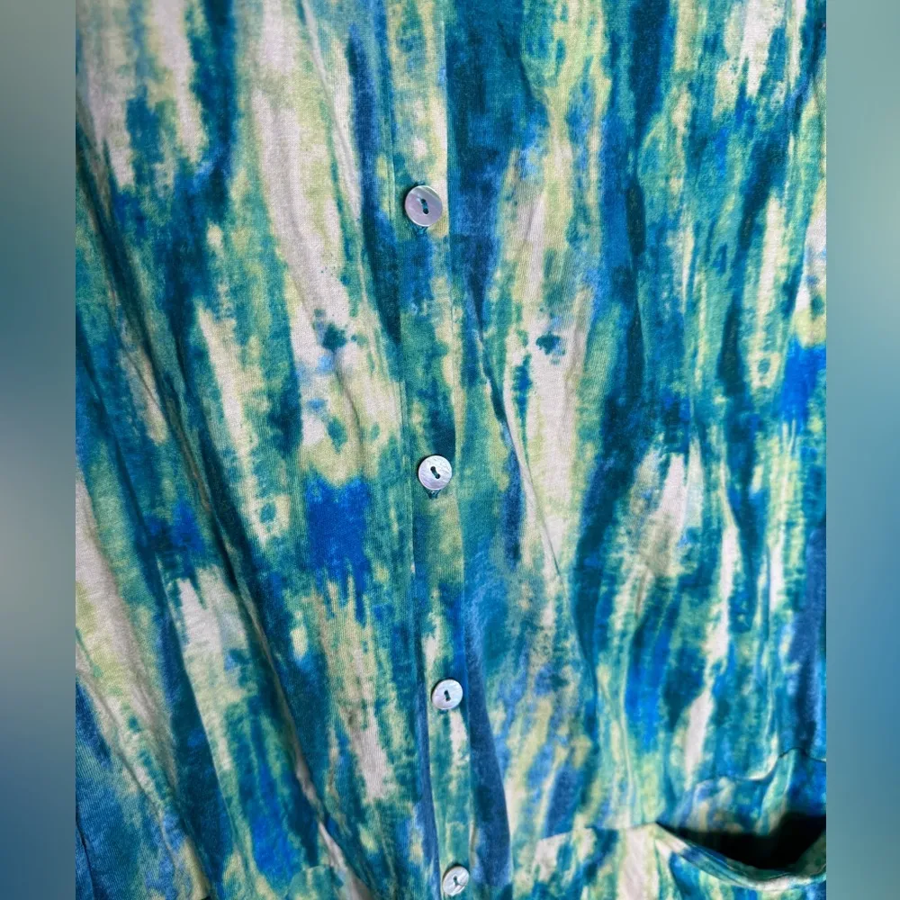 LOGO LORI GOLDSTEIN Blue Green Watercolor Mother Of Pearl Button Up Cardigan 1X - Image 5