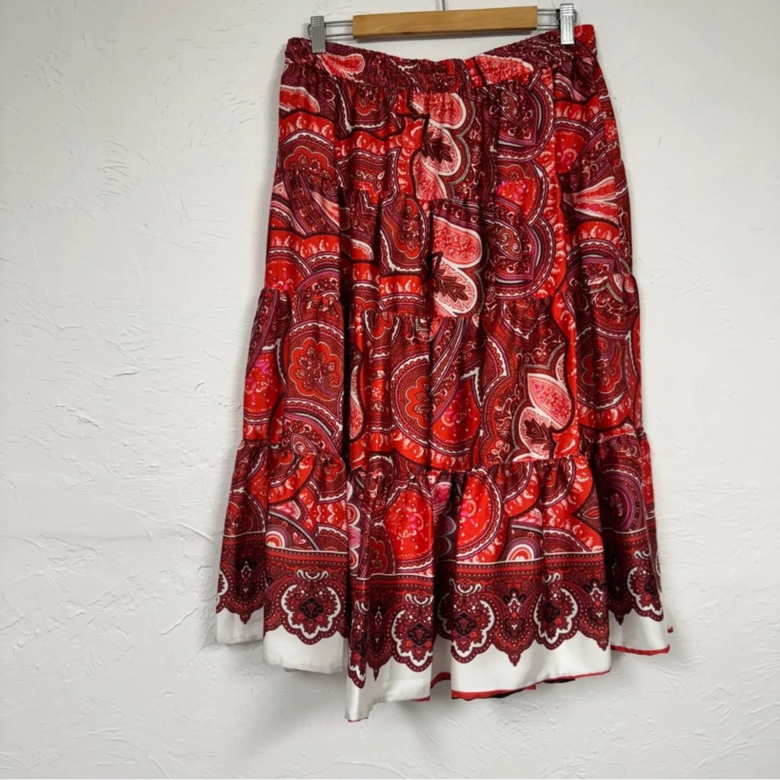 Lauren Ralph Lauren Red Paisley Tiered Maxi Skirt Womens L Prairie Boho Circle - Image 7