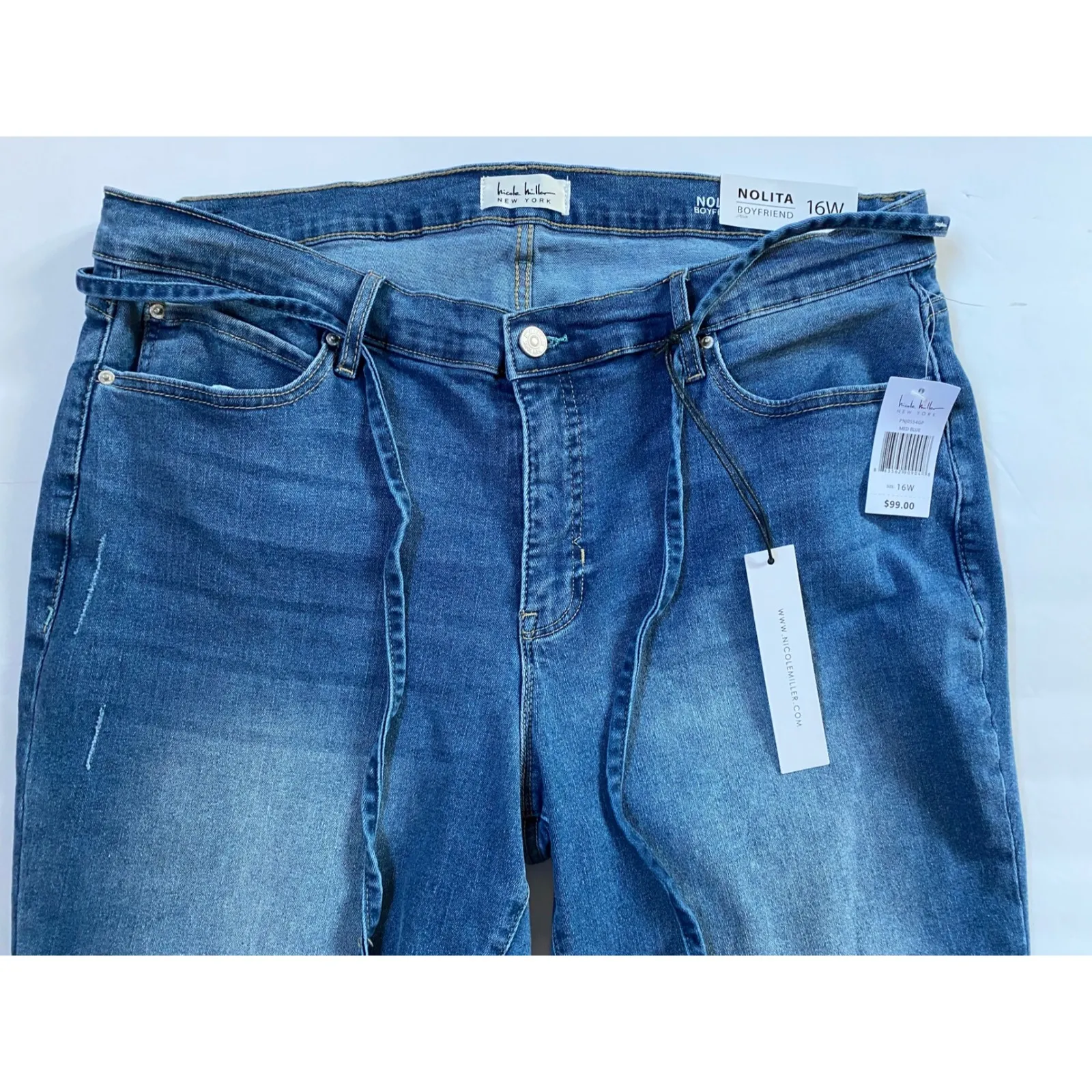 Nicole Miller Nolita Boyfriend Jeans‎ with Tie High Rise Stretch Blue 16W NWT - Image 9