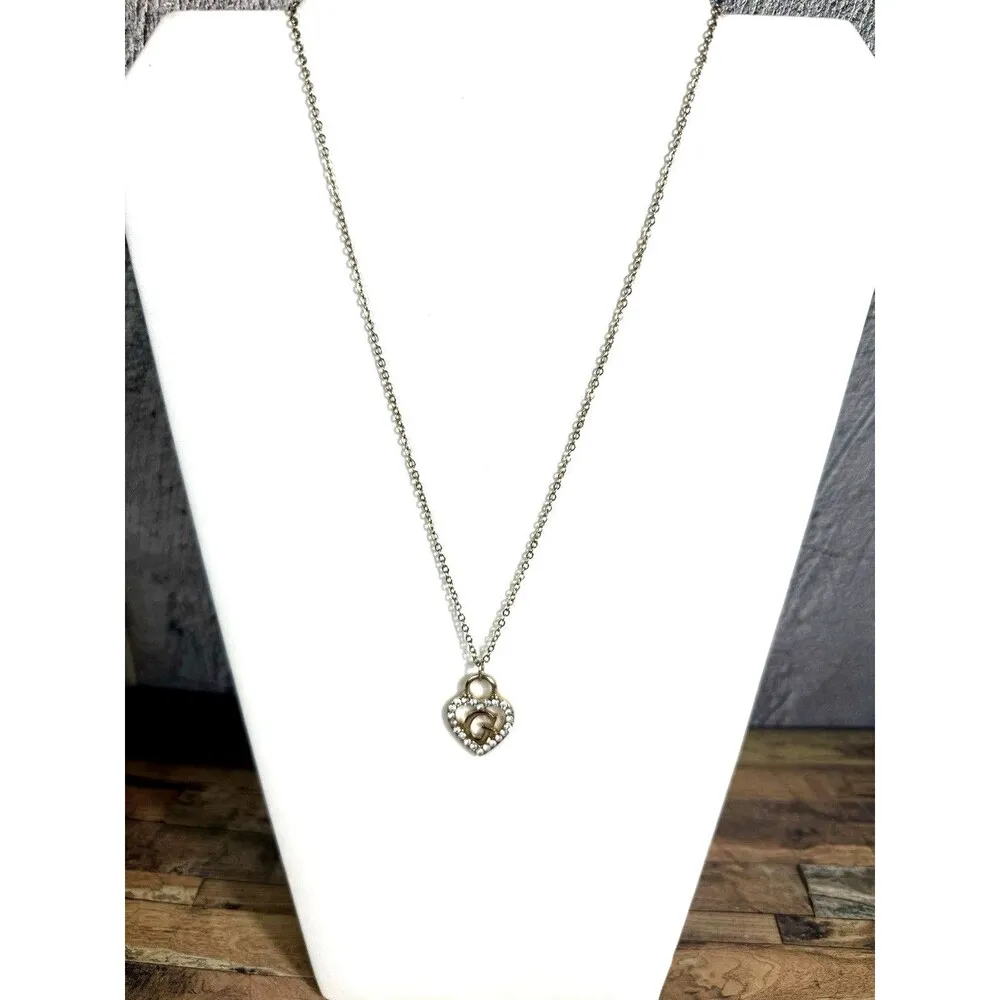 Guess Gold Tone Rhinestone Heart Lock Logo G Letter Necklace 19-21" Adjustable - Image 5