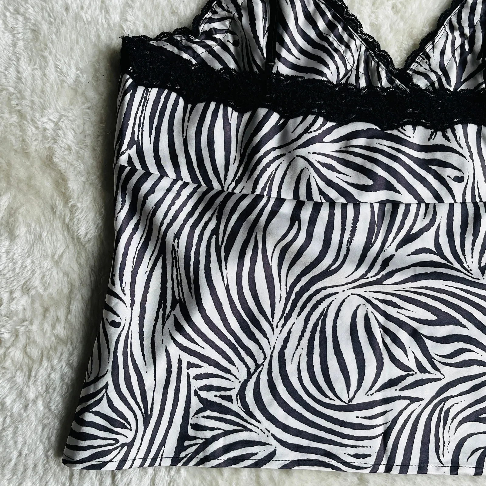 NWT VTG 90s Victor Carlini | Zebra Print Lace Trim Cami | XL | Going Out Top Black - Image 8