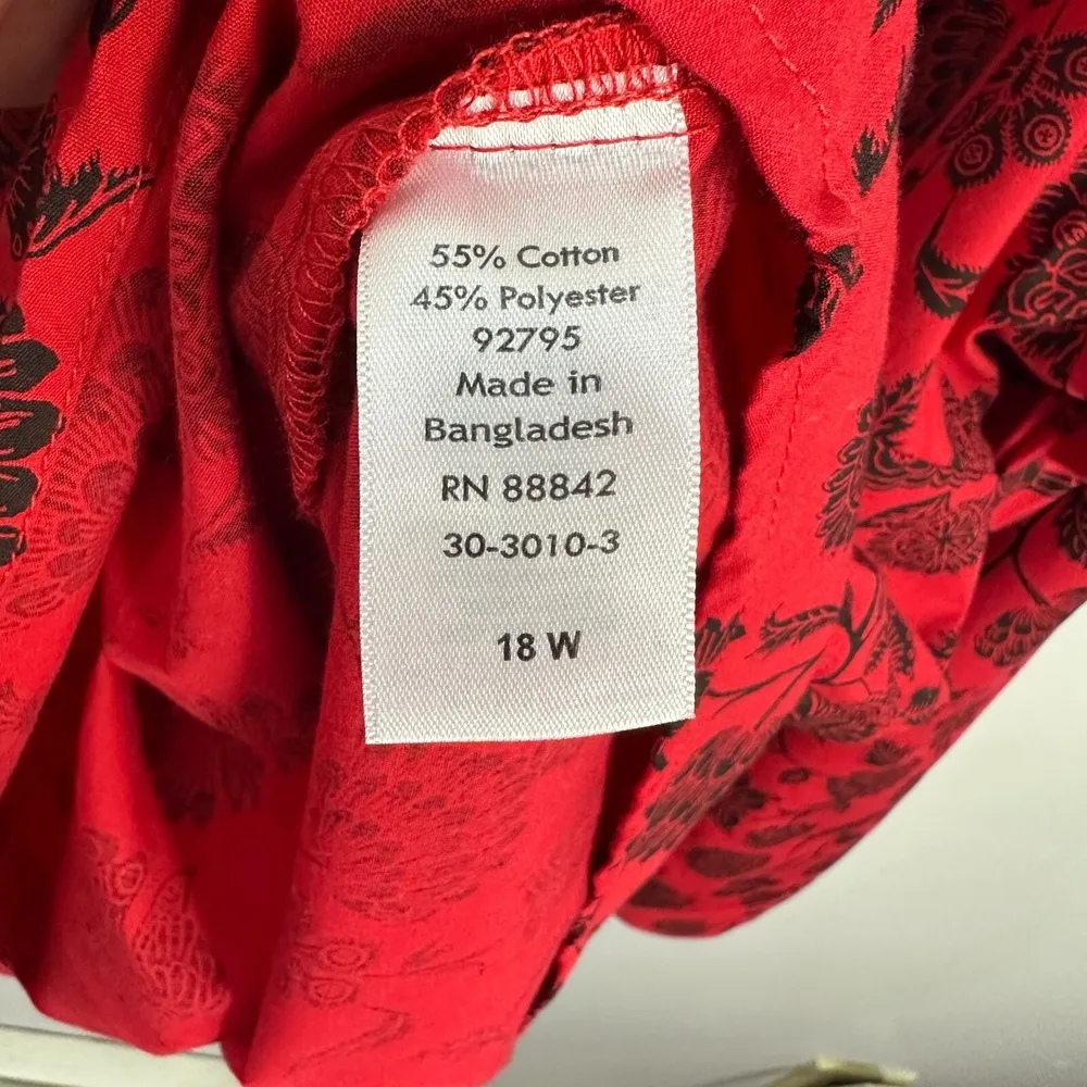 Roamans Blouse 18W Red Black Floral Button Front Long Sleeve Shirt Romantic Bold - Image 4