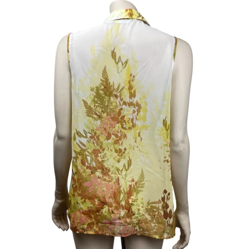 Susan Graver Yellow Sheer Chiffon Floral Print Sleeveless Button Up Blouse - Image 2