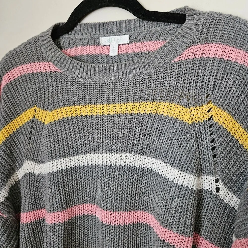Abound Sweater Crewneck Gray Striped Pink Yellow White Knit Casual - Image 3