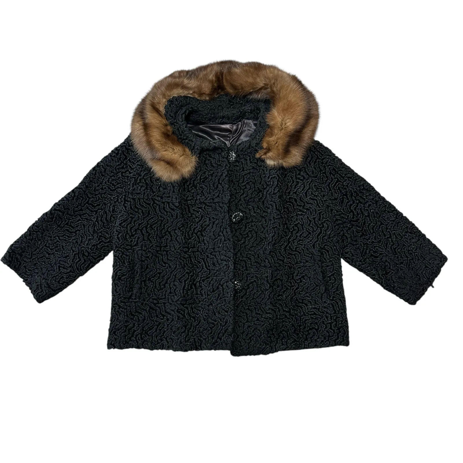 Vintage 1950s 60s Black Textured Cocktail Coat Fur Collar ILGWU Union Made - Image 2