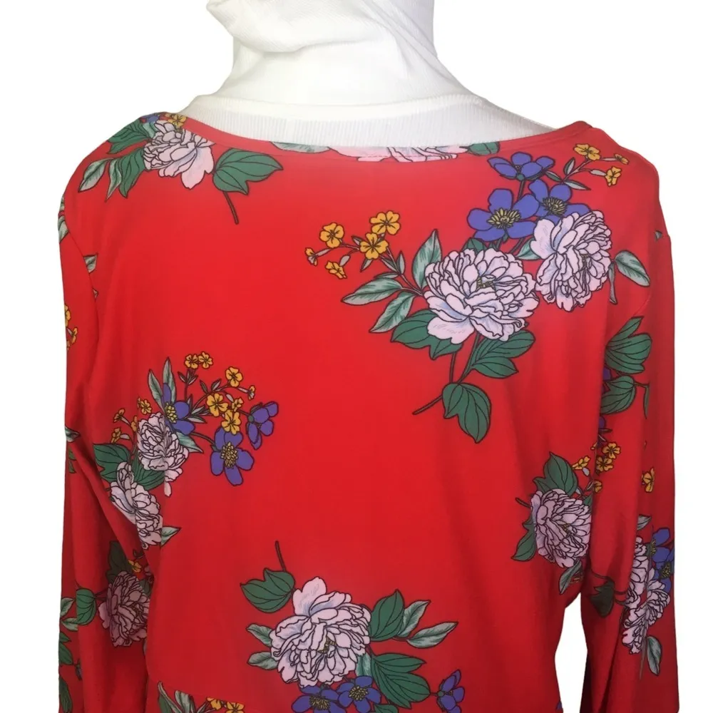Bobbie Brooks Soft Plus Size Red Floral Dress 1X Rushed V neck - Image 4