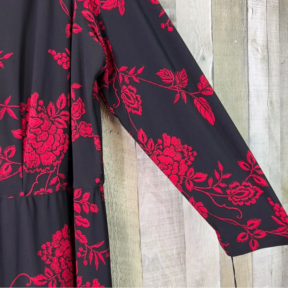 Tommy Hilfiger Size 14W Red & Black Long Sleeve Fit & Flare V-Neck Shift Dress - Image 10