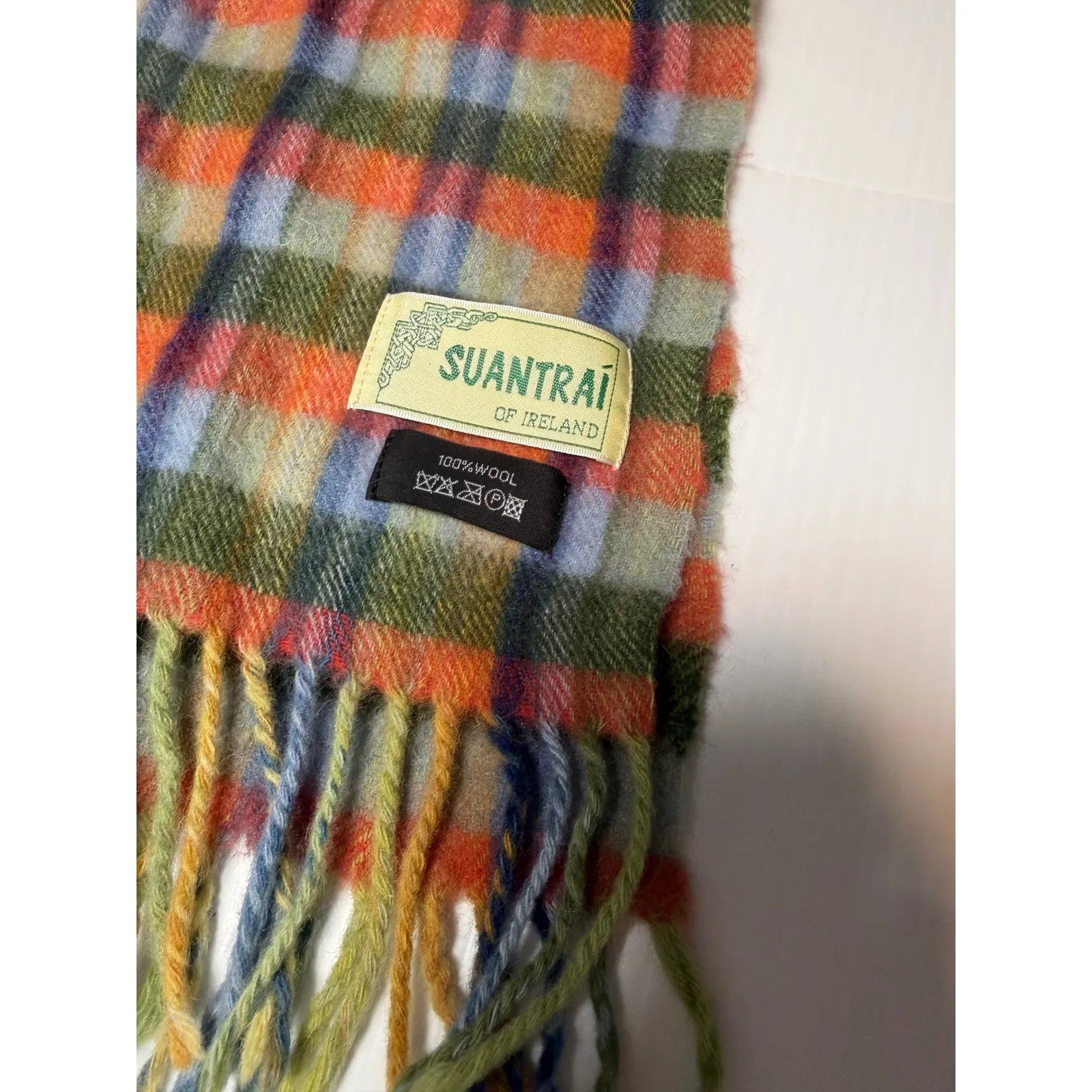 Suantrai of Ireland Plaid 100 Wool Scarf Fringe Orange - Image 2