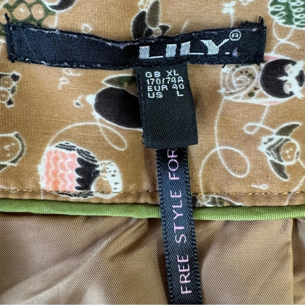 Owl Print Pleated Brown Mini Skirt w Pockets Removable Silver Chain Belt by Lily Size L - Image 11