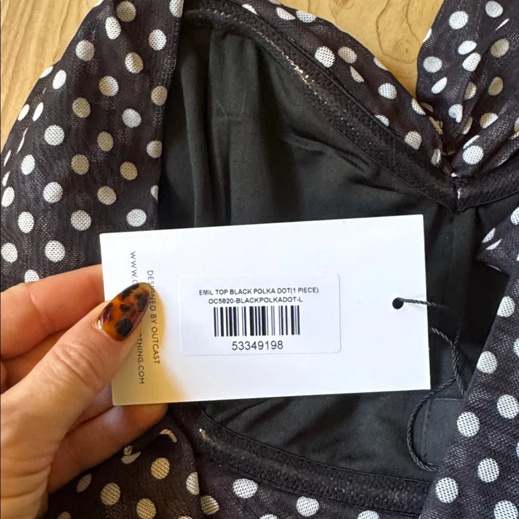 NWT OUTCAST EMIL TOP BLACK POLKA DOT Size L - Image 3