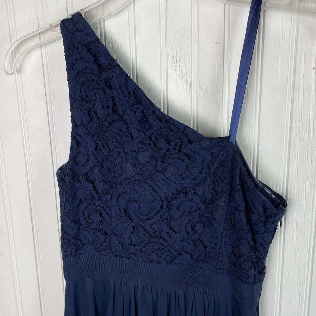 Adrianna Papell One Shoulder Lace Tulle Dress Gown Navy Blue Embellished Size 2 - Image 10