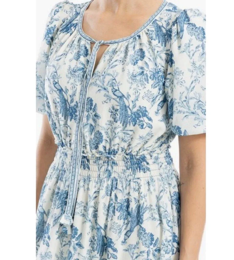 💕MAX STUDIO💕Bubble Sleeve Tiered Maxi Dress ~ Cream/Blue Bird Toile Large NWT - Image 6