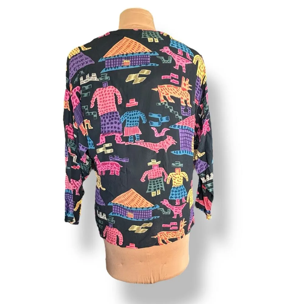 Vintage 90s Rayon Shirt Medium Colorful Yellow Tribal Abstract Animal Print Black - Image 5