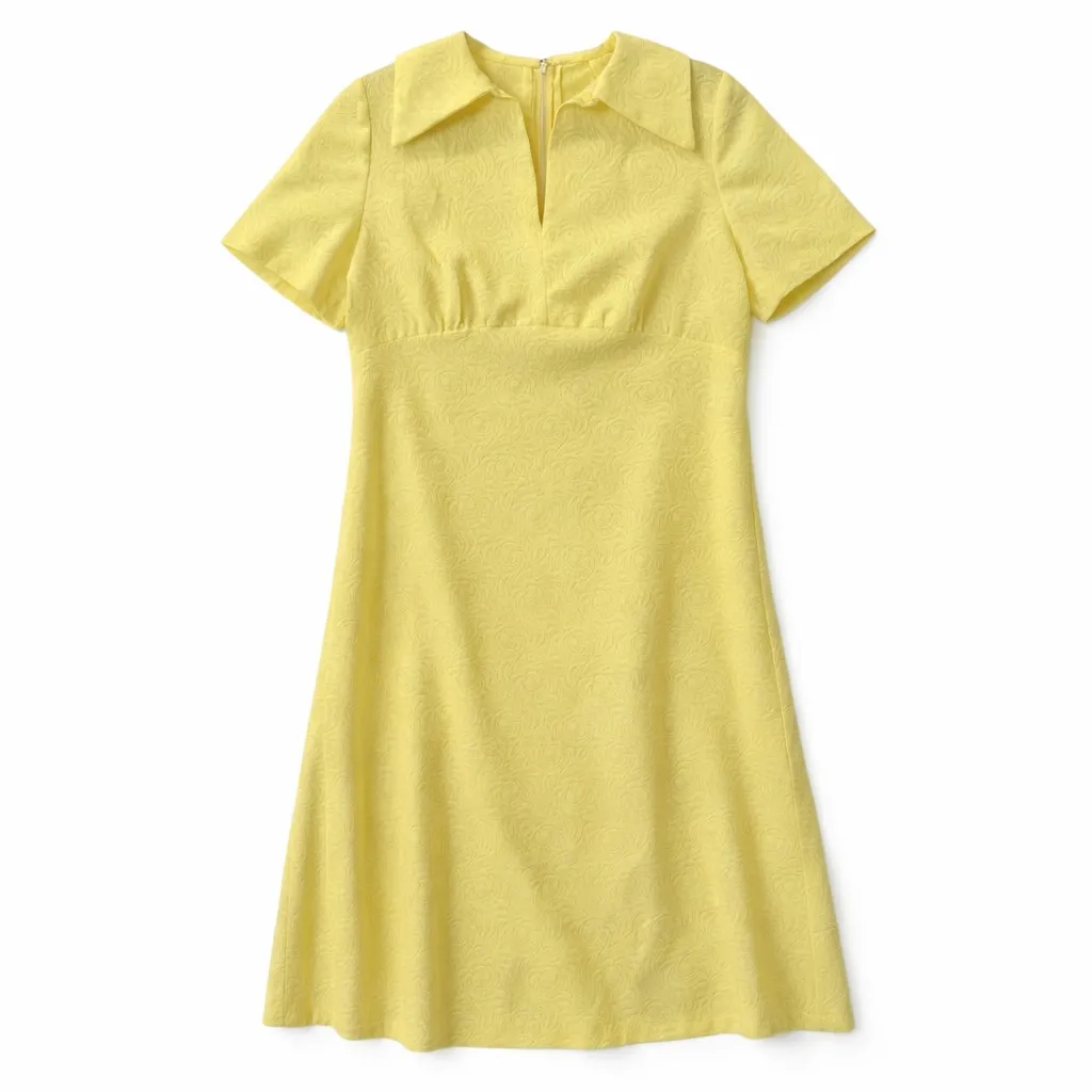 VINTAGE 60s Yellow Jacquard Empire Waist Mod Dress Large - Image 3