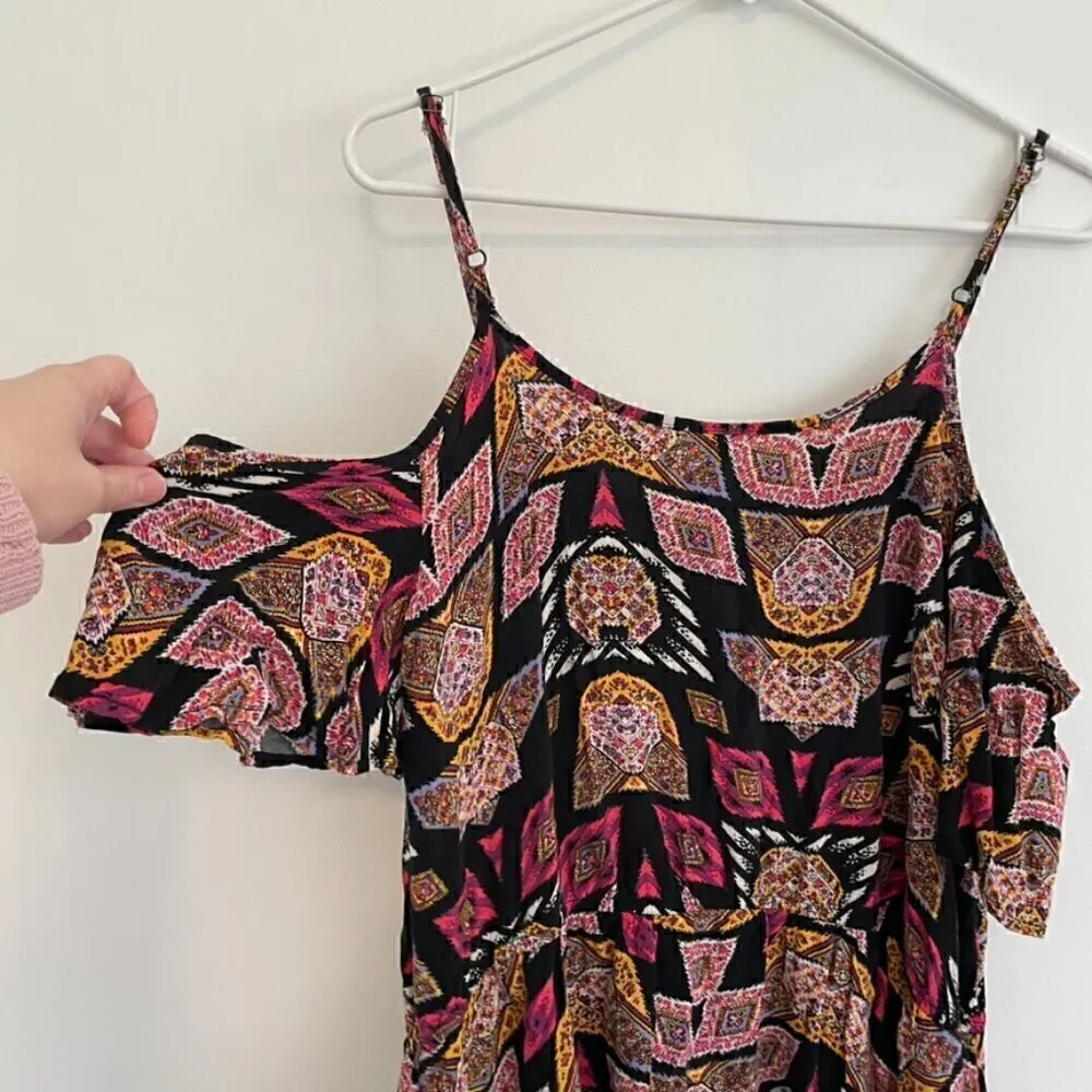 XHILARATION Short Sleeve Cold Shoulder Dress Black Pink Geometric Boho Mini XXL - Image 13