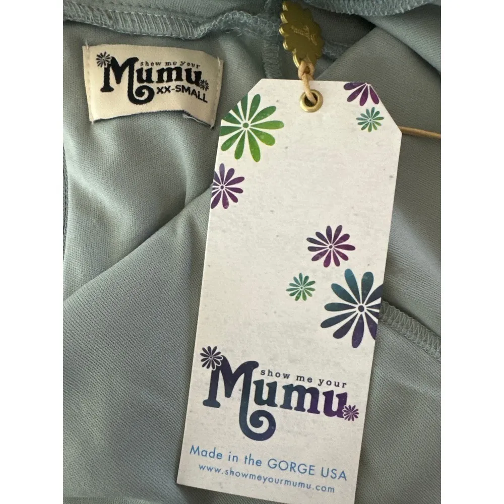 Show Me Your Mumu Jenn Maxi‎ Dress in Silver Sage Crisp Blue V Neck| XXS | NWT - Image 14