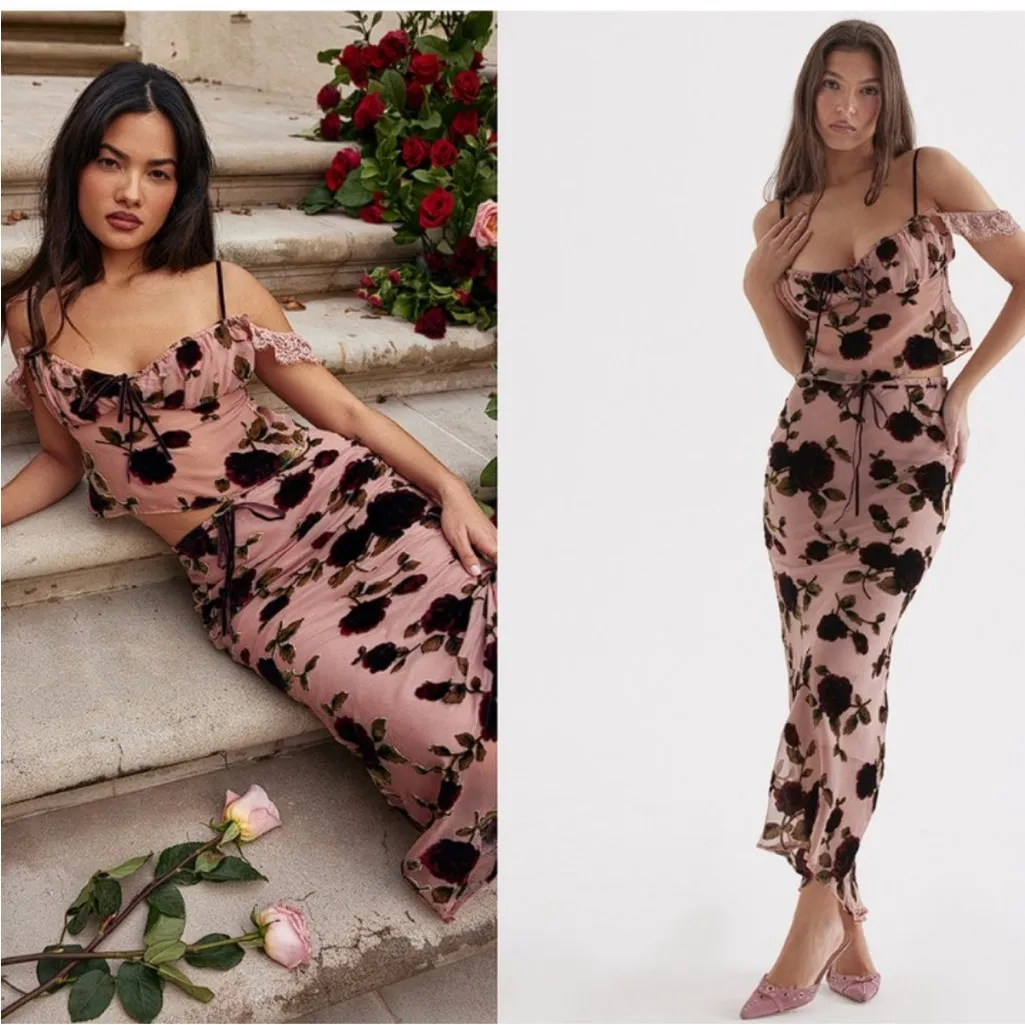 HOUSE OF CB 'Imaan'‎ Dusty Pink Devore Maxi Skirt NWOT size XS - Image 9