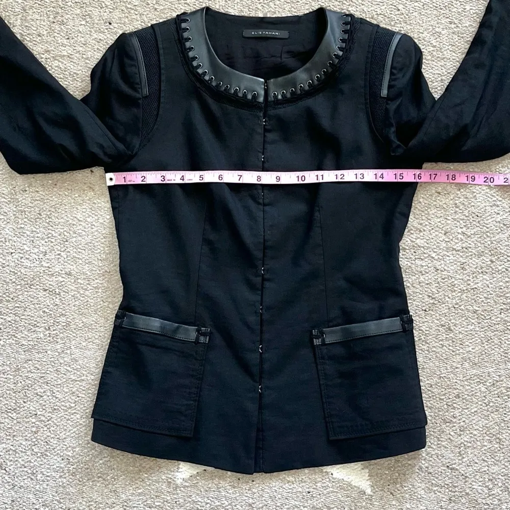 Elie Tahari Calista Black Linen Blend Faux Leather Trim Blazer Size 0 - Image 4