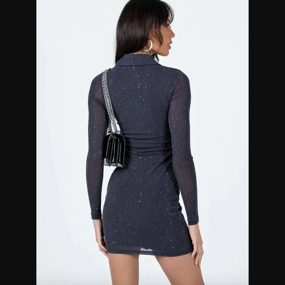 Friday Fever Navy Glitter Mesh Button Front Shirt Mini Dress 4 - Image 5