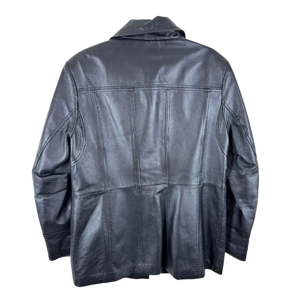 East 5th Black 100% Leather Collared Button Up Lined Jacket Pockets Size L - Image 2