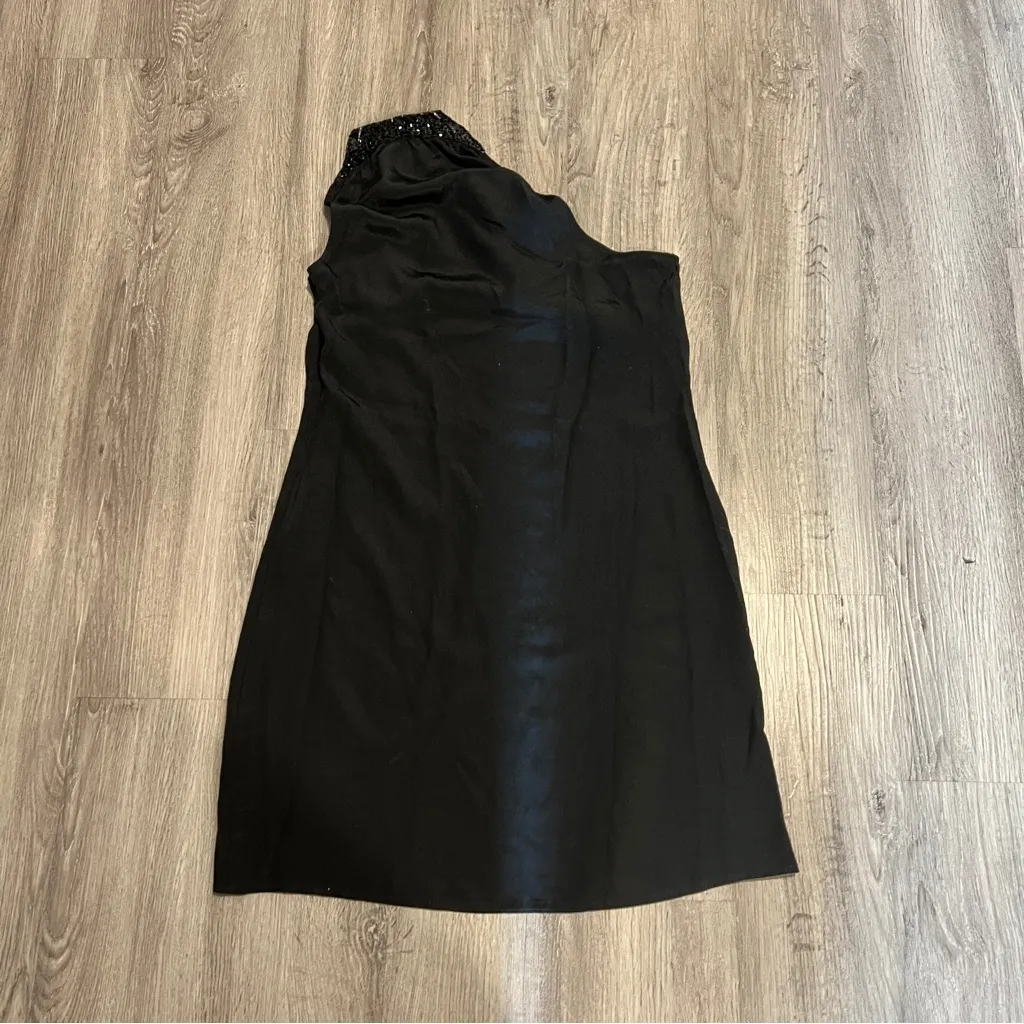 TIFF by TT Elegant Silk Black Beaded One Shoulder Tunic Lightweight‎ Cocktail S - Image 3