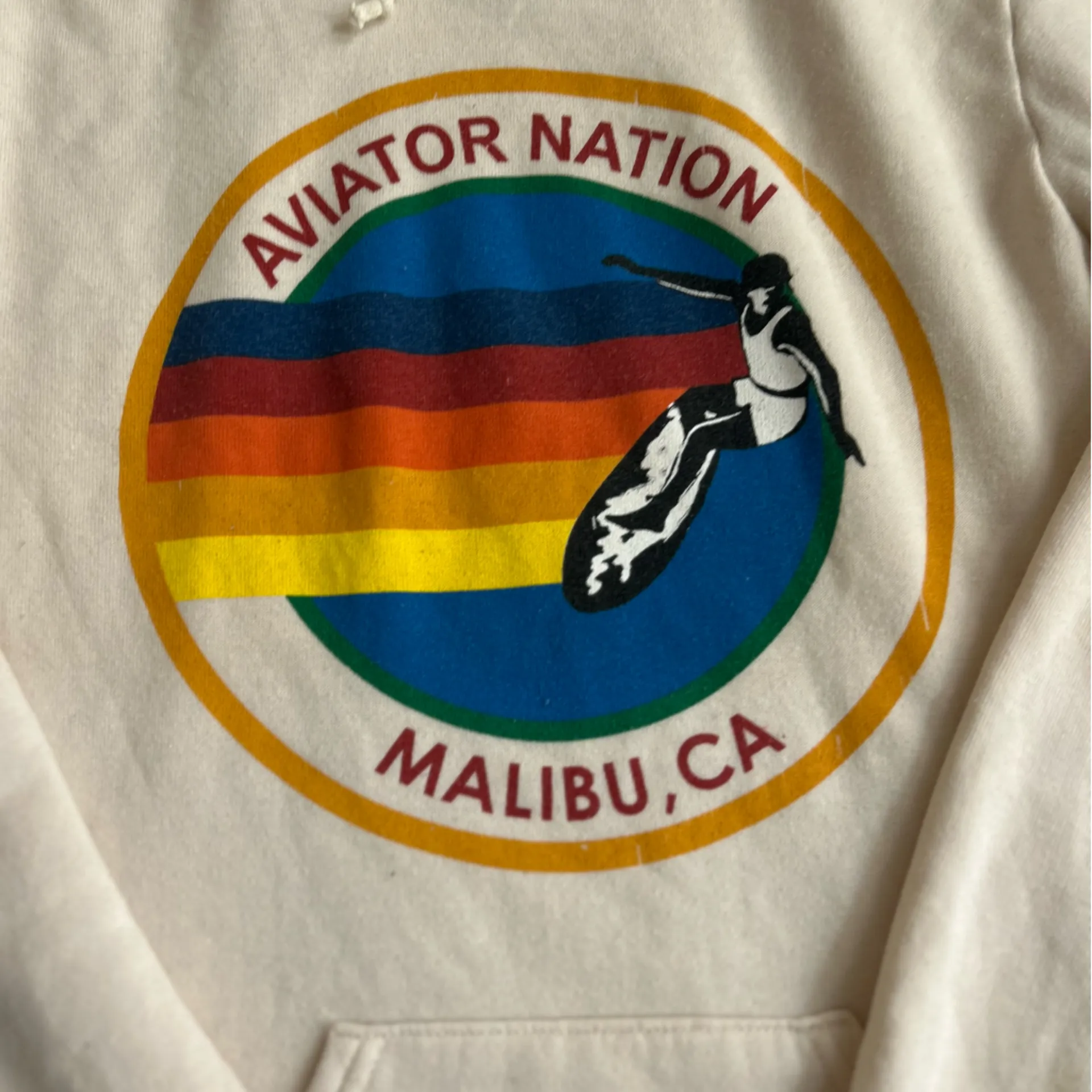Aviator Nation Vintage White Cream Malibu Logo Drawstring Hoodie Medium - Image 3