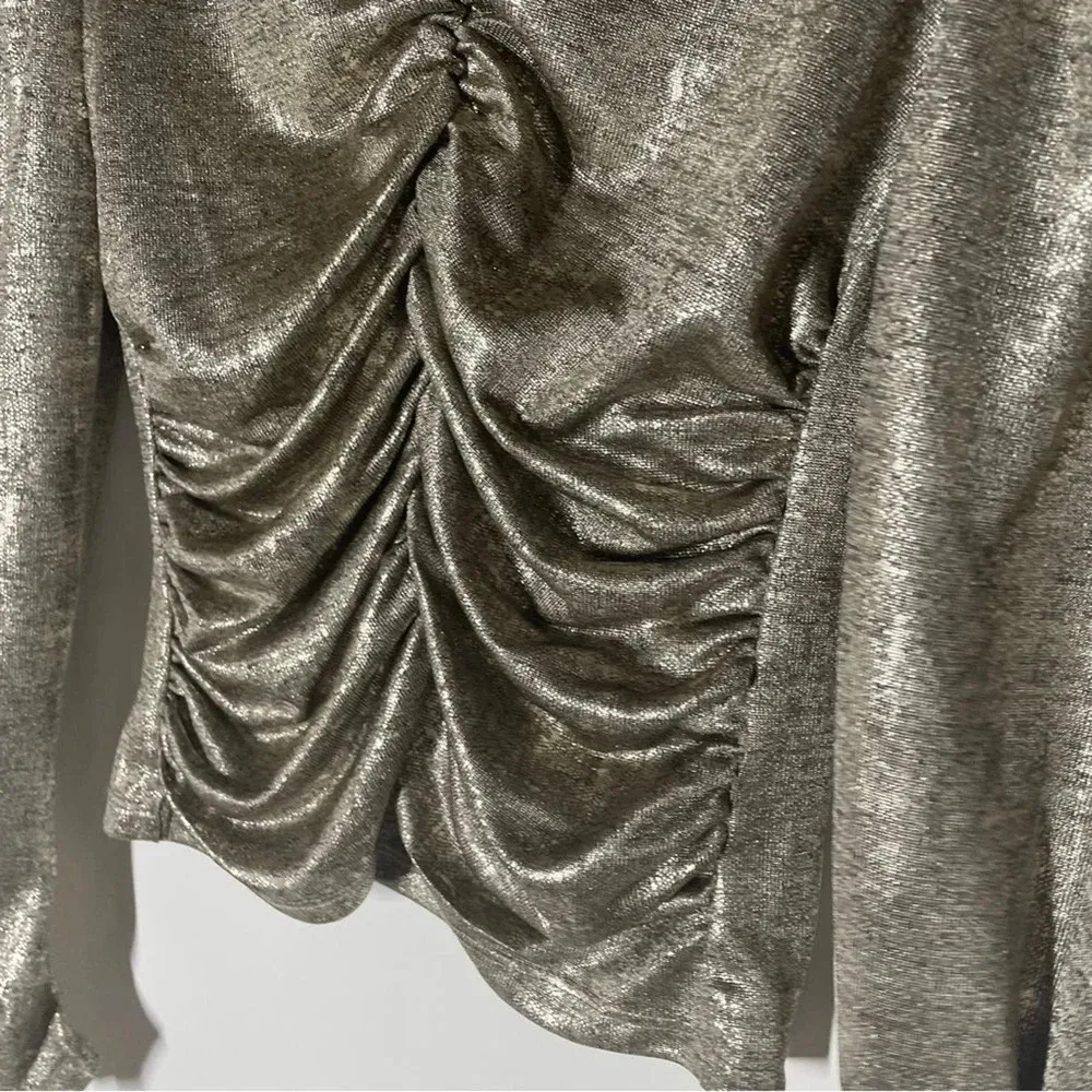 Rachel Zoe Metallic Silver Ruched Long Sleeve Blouse Size Small - Image 5