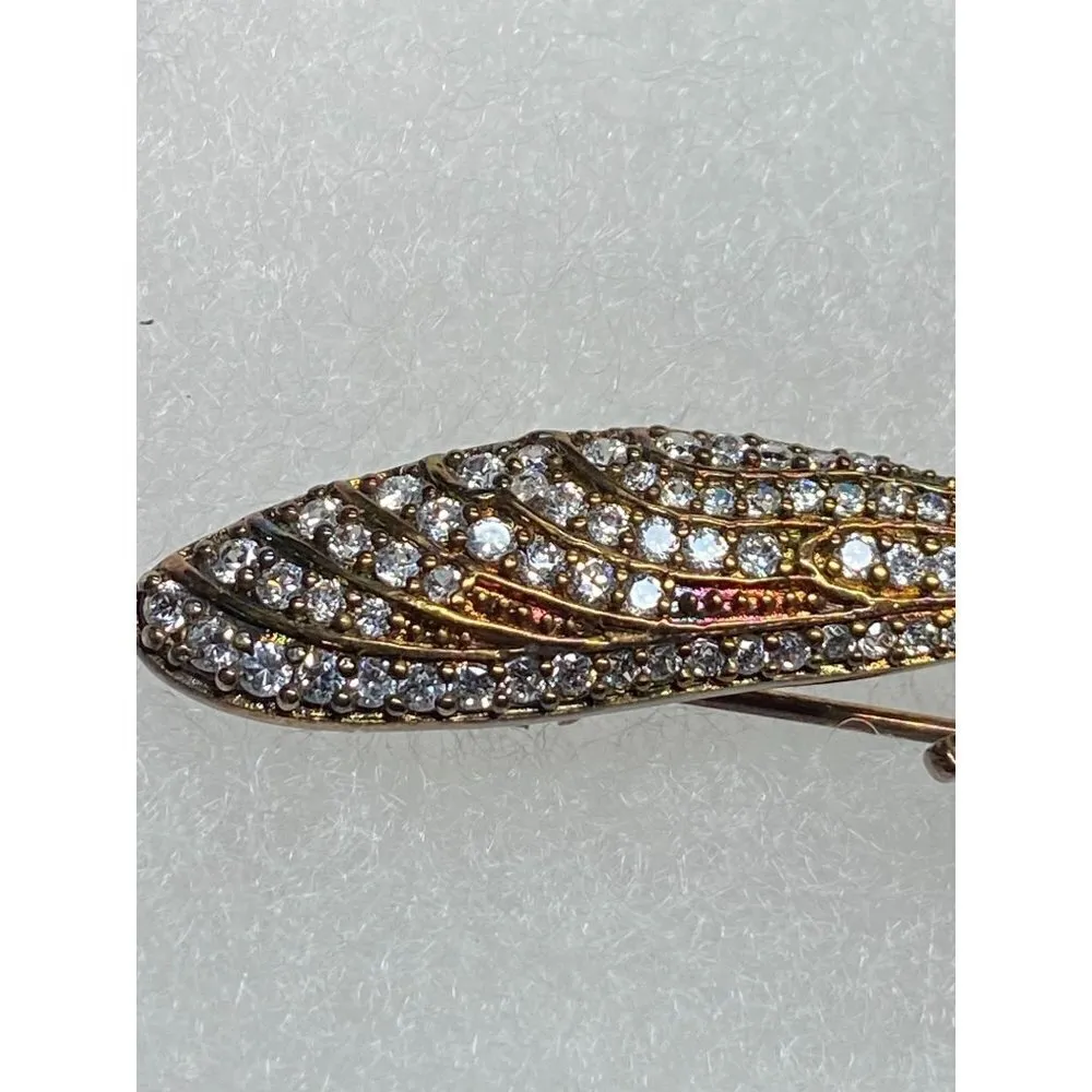 Vintage Copper Bronze Dragonfly Brooch Pearl Rhinestones‎ Green Enamel Eyes - Image 4