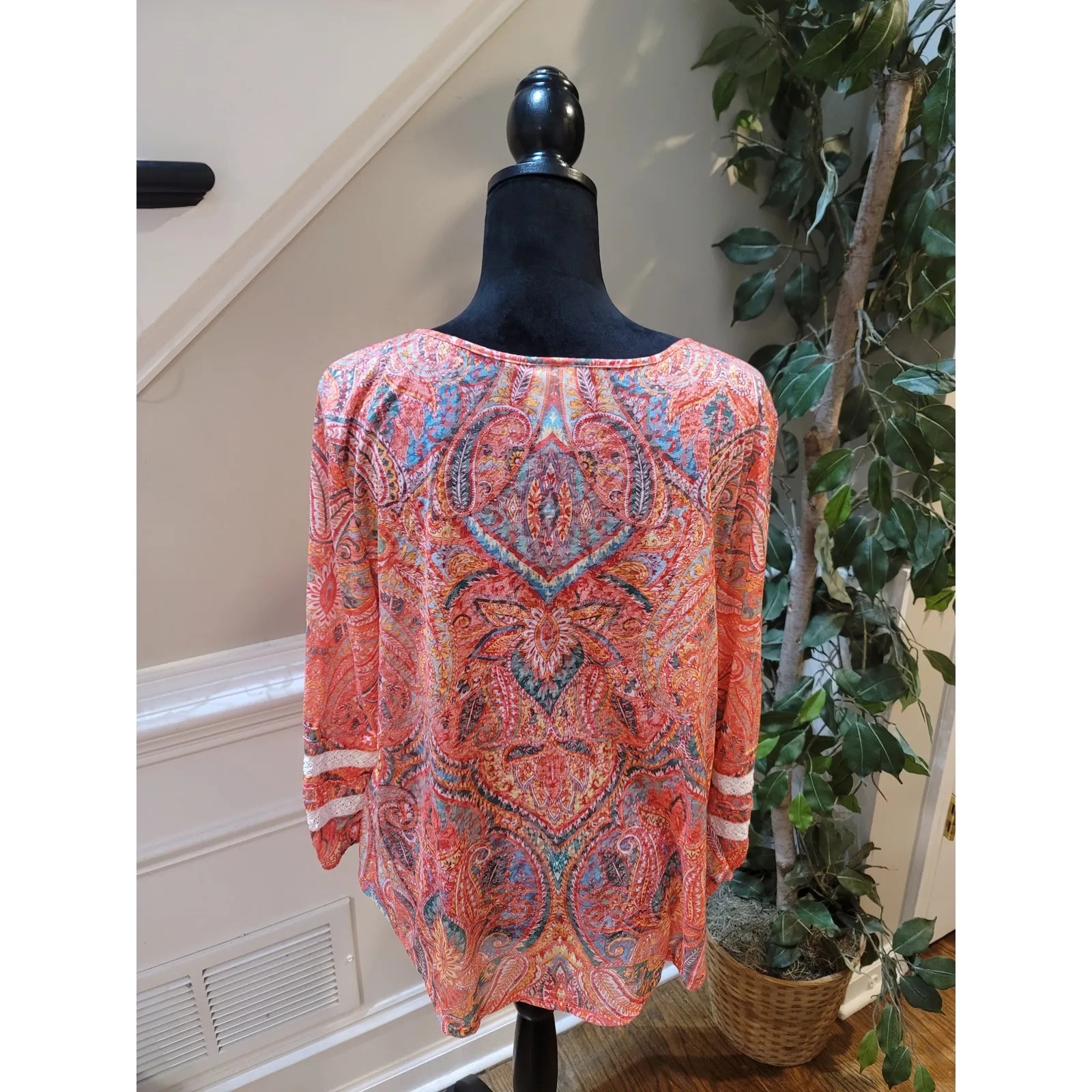 Ruby Rd Blouse Women's Large Multicolor Paisley Print Long Sleeve Tunic Top - Image 7
