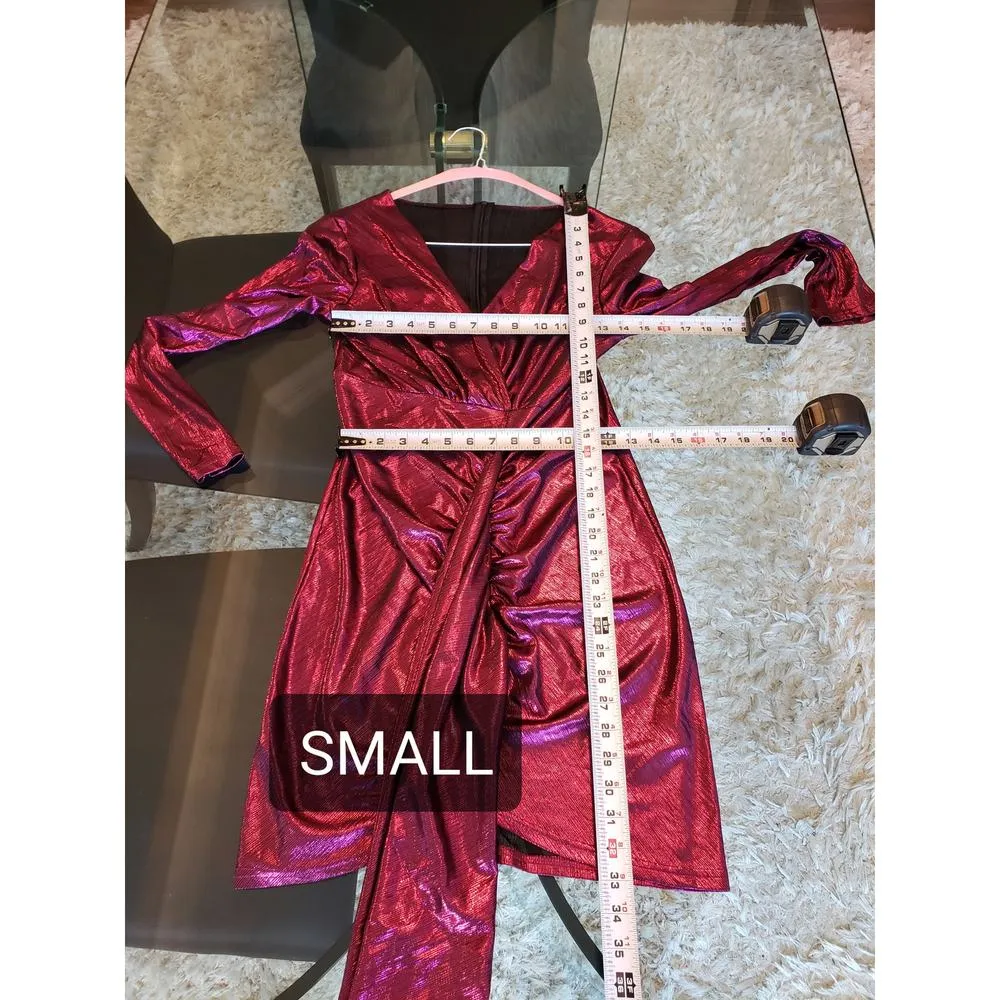 Women's Wrap Dress Small Purple Metallic Tight Waist Ruched Back Zip Deep V Neck - Image 7