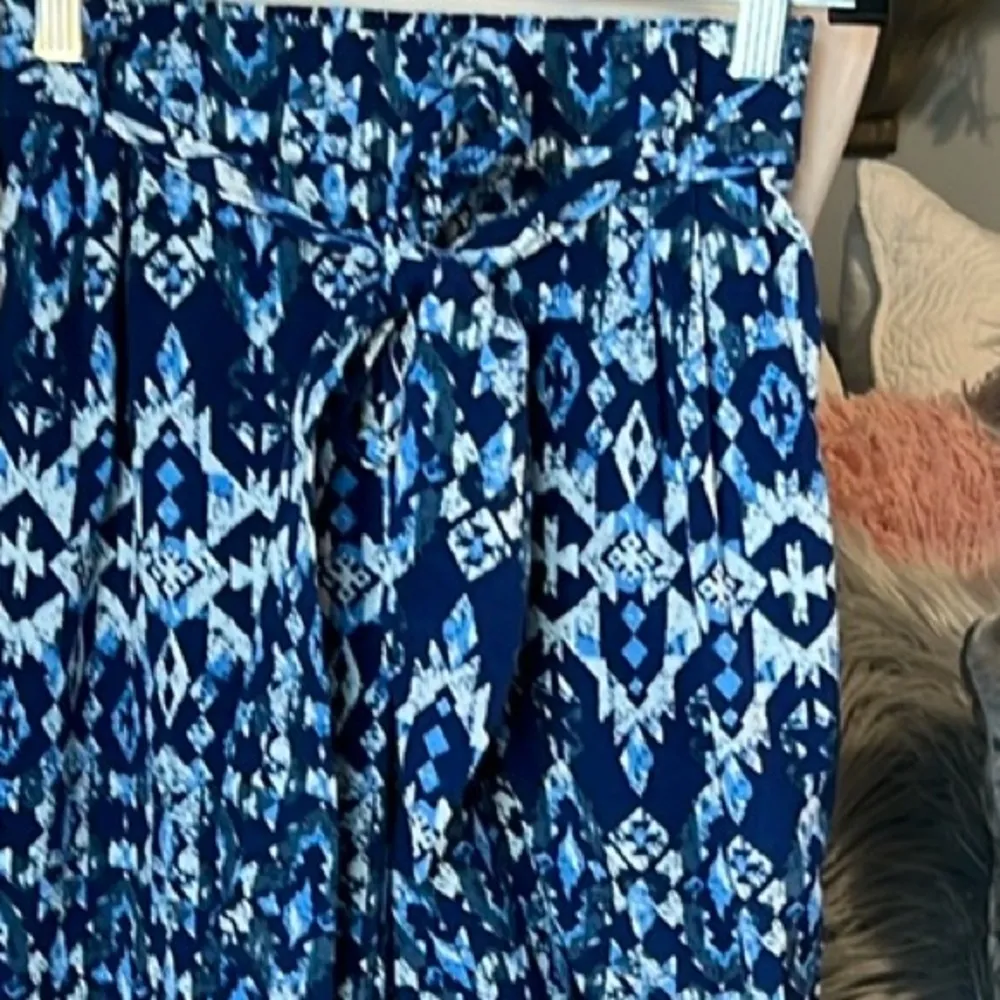 Tie Elastic Waist Pants Lightweight Blue Print Womens Small Silky Paperbag - Image 3