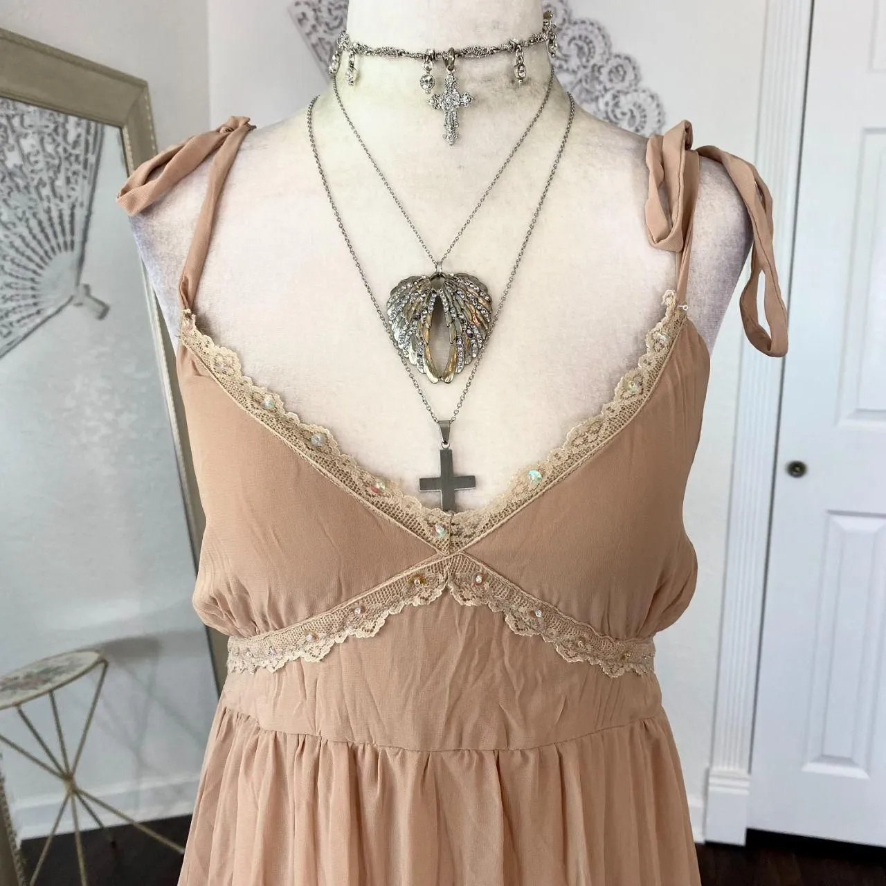 GIO Early 2000's Whimsygoth Babydoll Tan Cream Sequin Mesh Midi Dress M Size M - Image 5