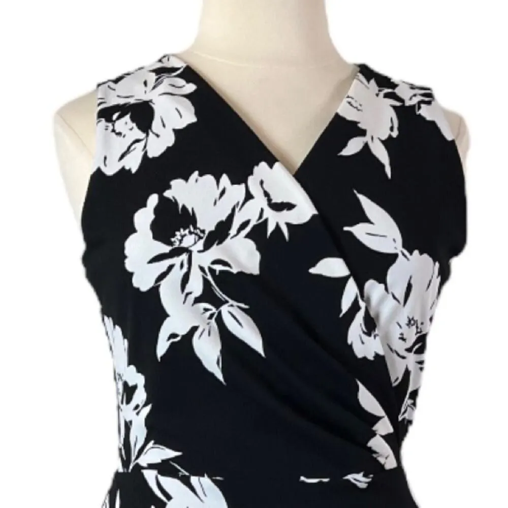 White House Black Market Sheath Dress Wrap Top V-neck Black Floral Women’s 14 - Image 7