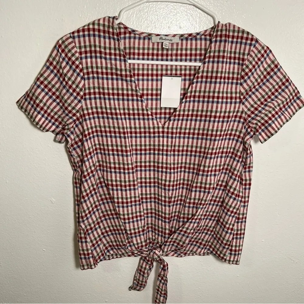 Madewell Novel Tie Front Blouse Blossom Deep Crimson Gingham - Image 5