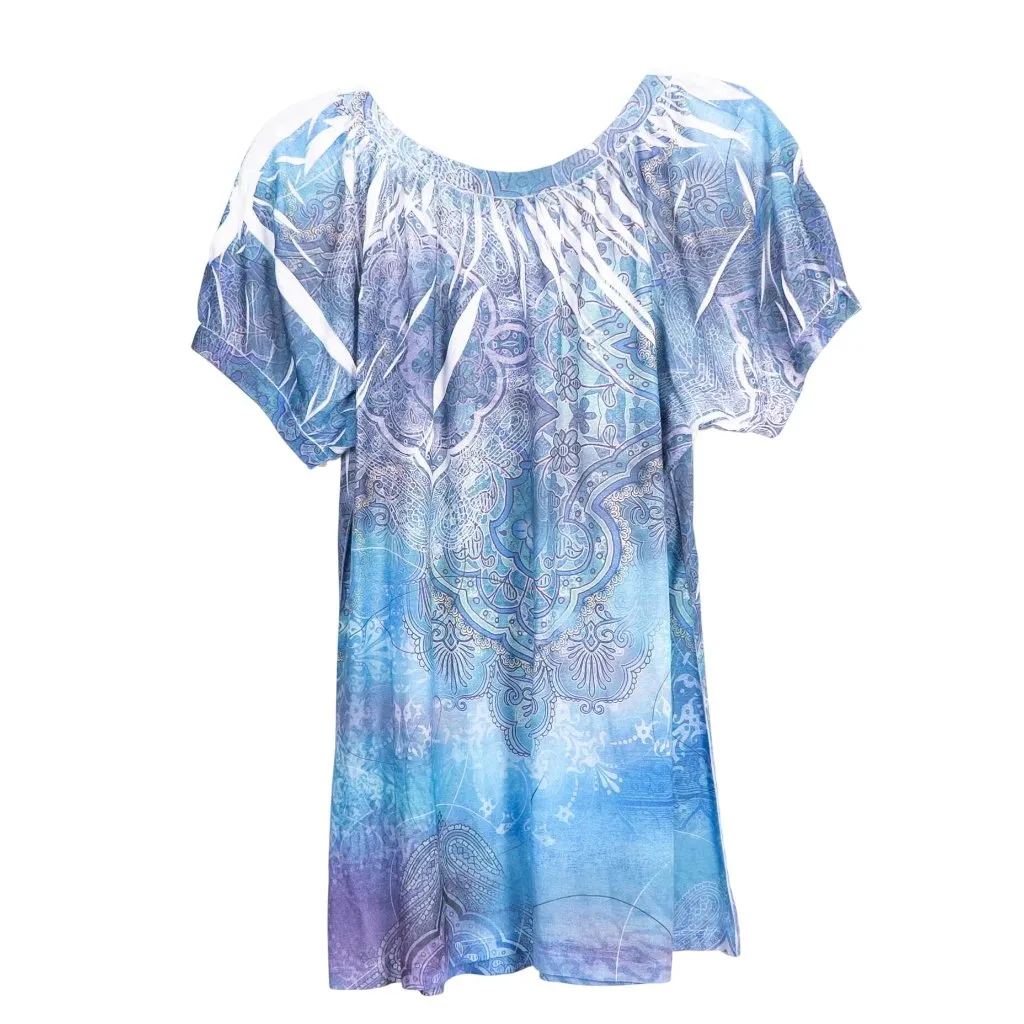 B.L.E.U. Tunic Shirt L Womens NEW Blue Purple Sublimation Boho Short Sleeve Size L - Image 5