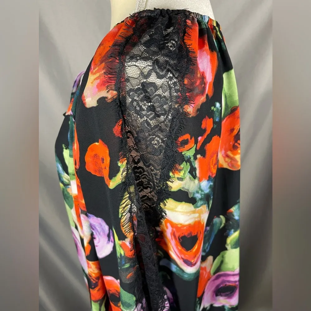 EST 1946 Women Bright Colorful Floral Lace Top Blouse Long Sleeve Tie Neck Sz XL Black - Image 5