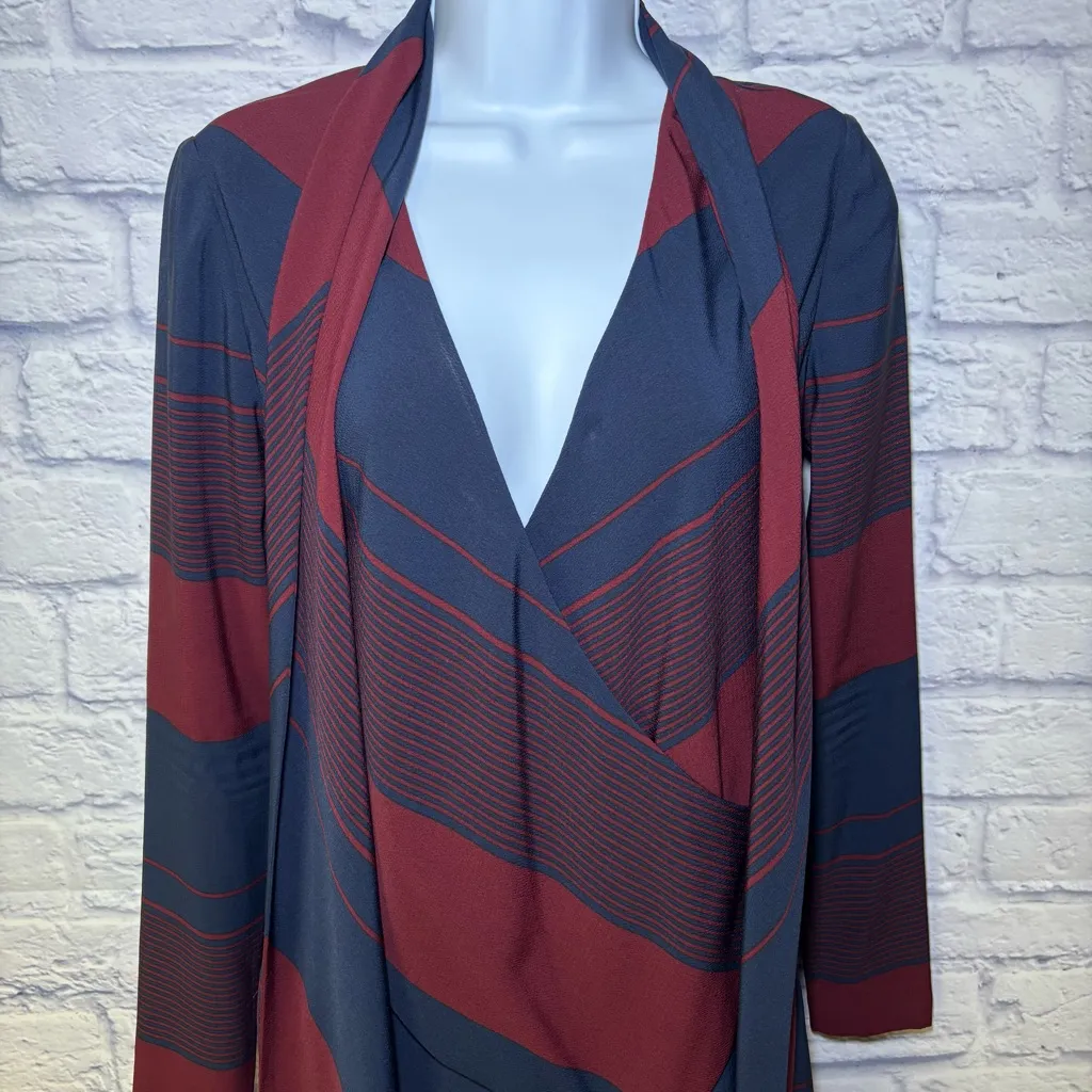 Tory Burch Lyon Navy/Burgundy Stripe Runway Long Sleeve Faux Wrap Dress Sz. 0 - Image 8
