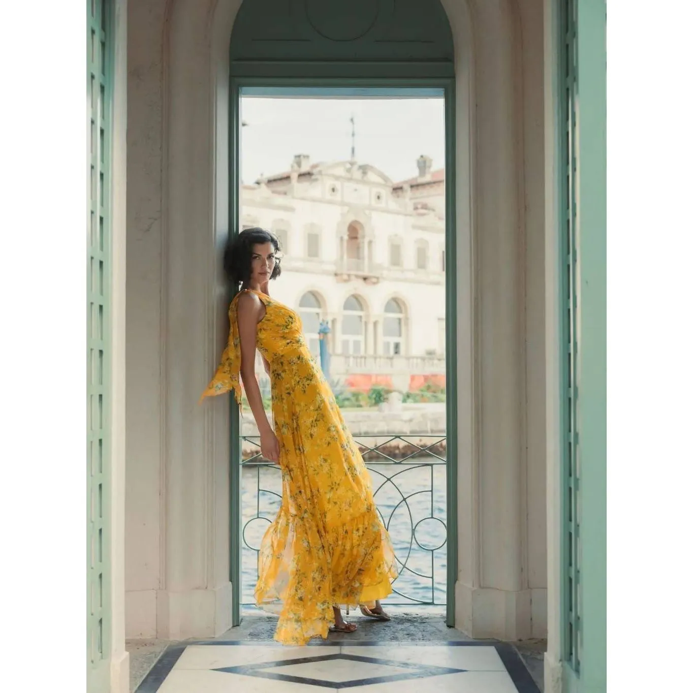 Ieena for Mac Duggal  Yellow Floral One Shoulder Bow Maxi Dress - Image 7